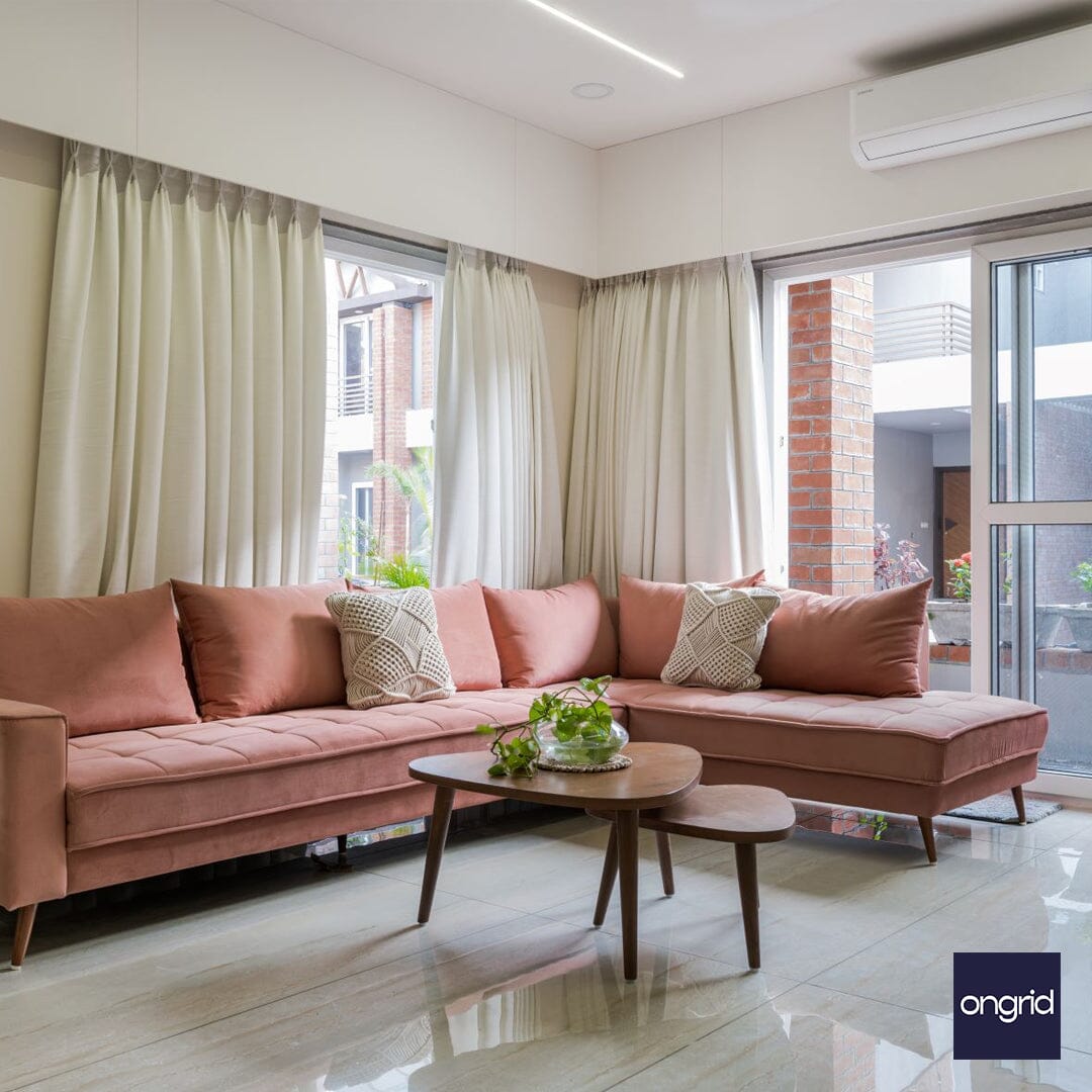 Luxurious Living Room Decor with 3-Seater Pink Upholstered Sofa | Ongrid Design ongrid.design