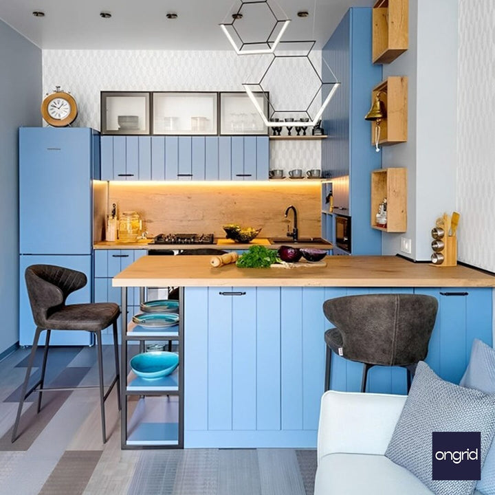 14x12 Small Open Plan Blue Kitchen ongrid.design