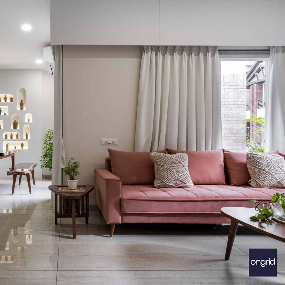 Luxurious Living Room Decor with 3-Seater Pink Upholstered Sofa | Ongrid Design ongrid.design