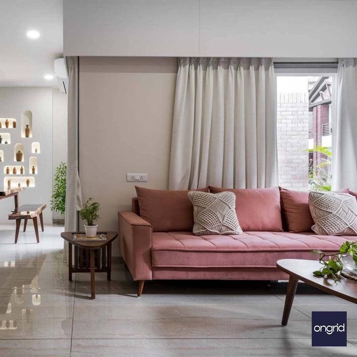 Luxurious Living Room Decor with 3-Seater Pink Upholstered Sofa | Ongrid Design ongrid.design