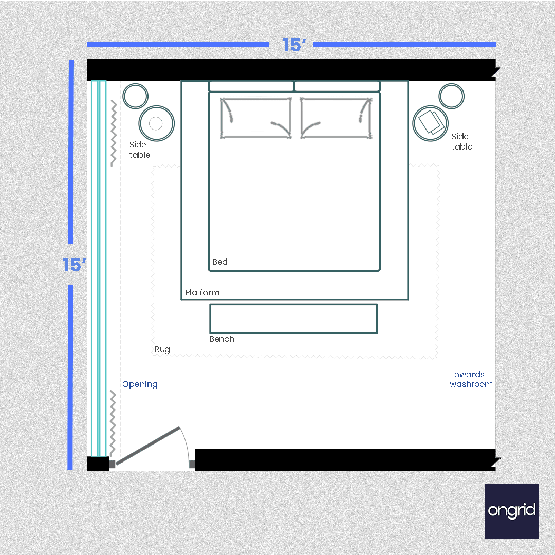 Serene Bedroom Sanctuary Design | 15' x 15' ongrid.design