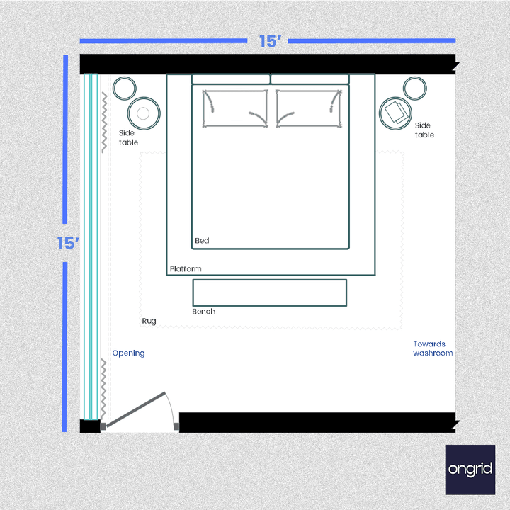 Serene Bedroom Sanctuary Design | 15' x 15' ongrid.design