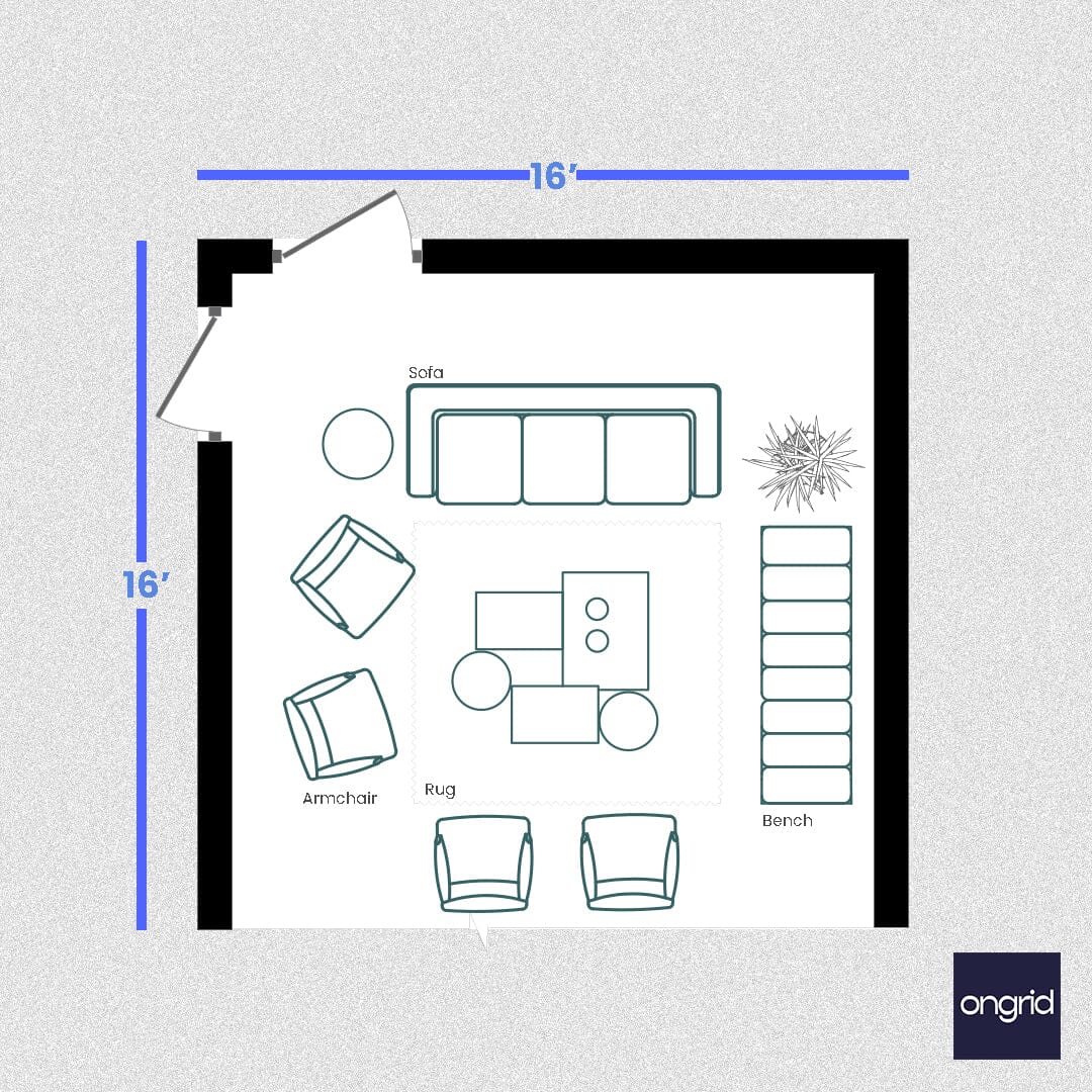 Modern 16x16 Living Room with 3 Seater Sofa Arrangement | Ongrid Design ongrid.design