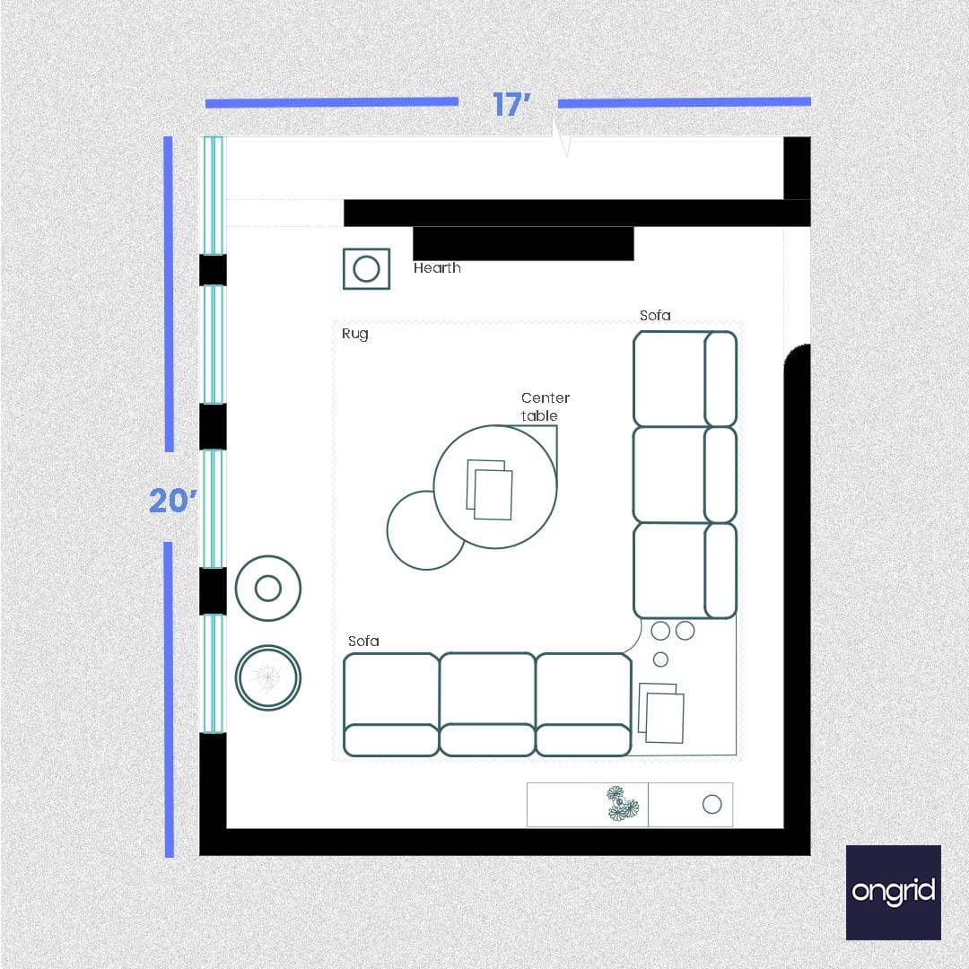 Modern and Traditional Living Room Floor Tiles - 20' x 17' | Ongrid.Design ongrid.design