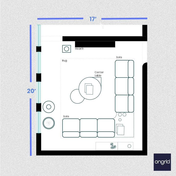 Modern and Traditional Living Room Floor Tiles - 20' x 17' | Ongrid.Design ongrid.design