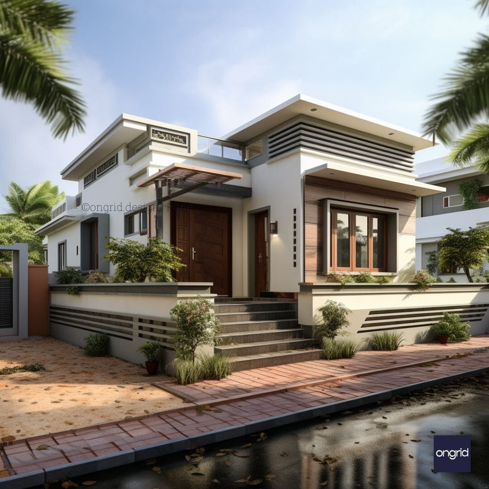 Modern Single-Floor Home Elevation with Flat Roofs E-books Ongrid Design