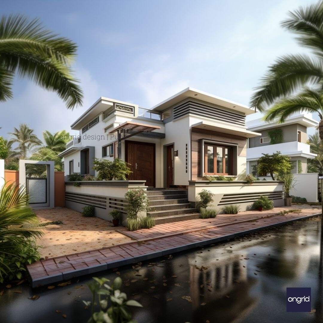 Modern Single-Floor Home Elevation with Flat Roofs E-books Ongrid Design