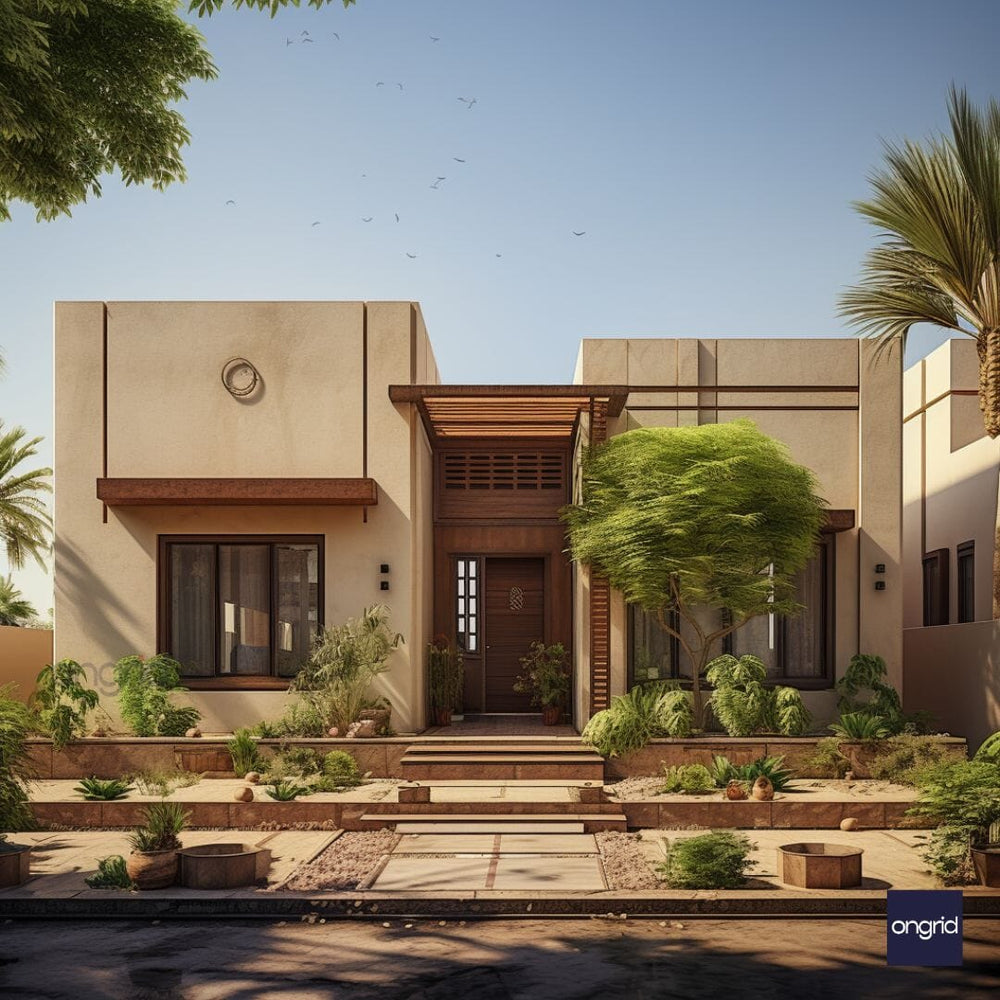 Rajasthani Single Floor Elevation with Glass Elements E-books Ongrid Design