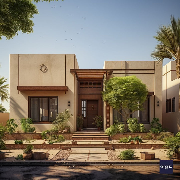 Rajasthani Single Floor Elevation with Glass Elements E-books Ongrid Design