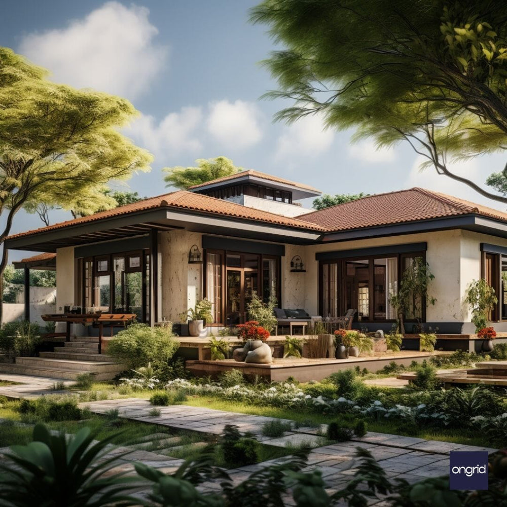 Modern Goan Coastal Elevation with Metal and Glass E-books Ongrid Design