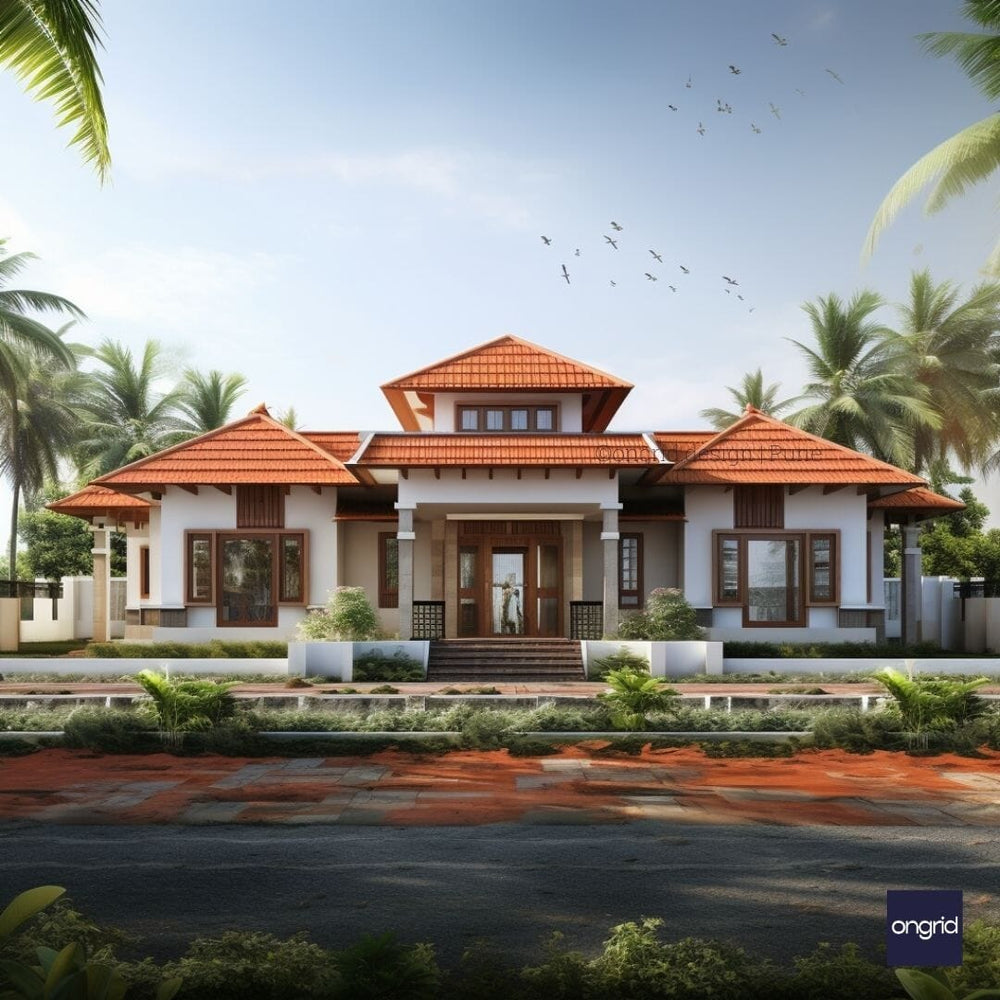 Indian Single-Floor Elevation: Red Tile Roofline and Stucco Facades E-books Ongrid Design