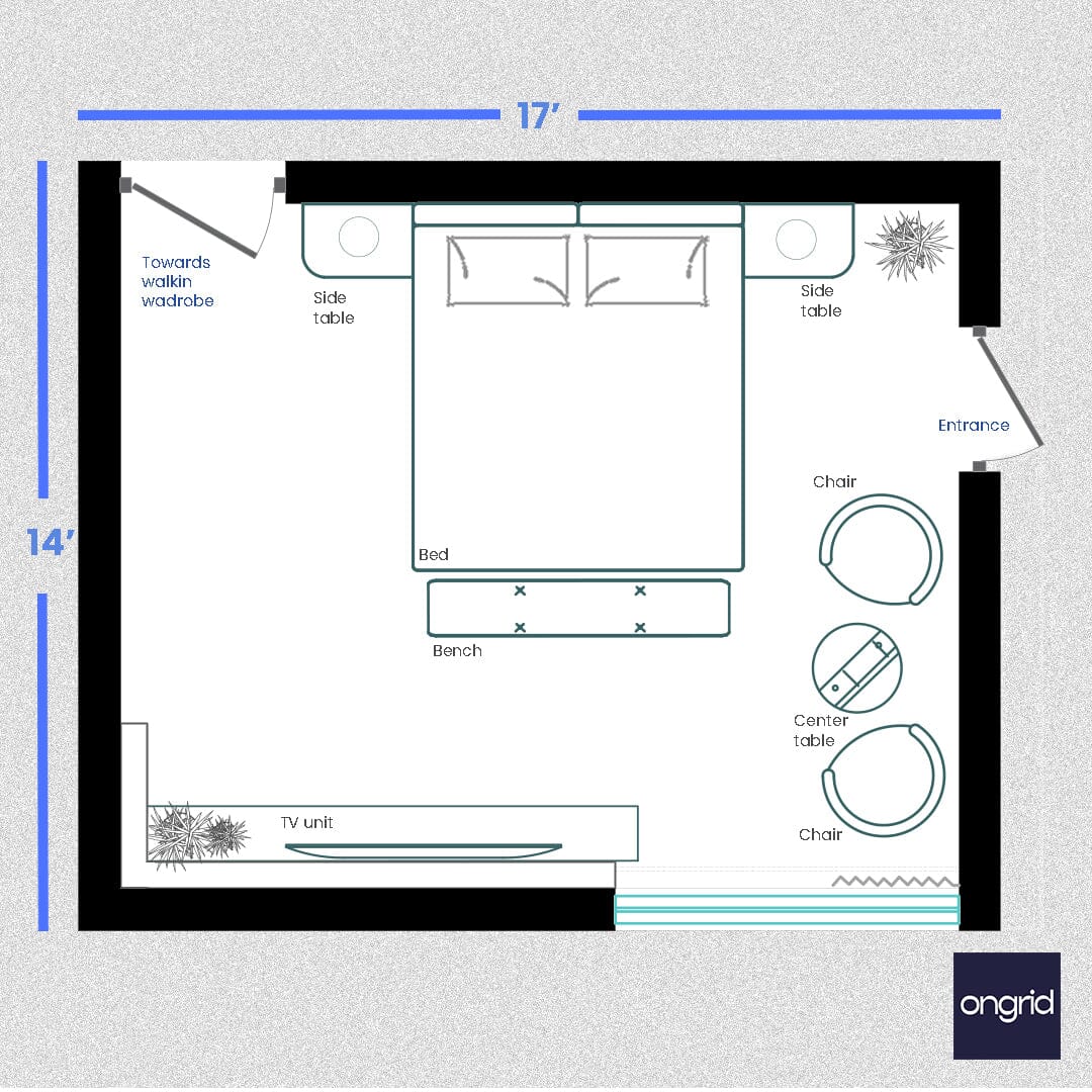 Sleek Sanctuary Bedroom Design | 17' x 14' ongrid.design