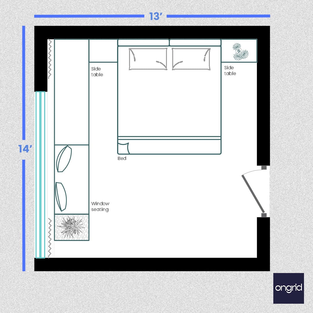 The Vibrant Oasis Bedroom Design | 14' x 13' ongrid.design