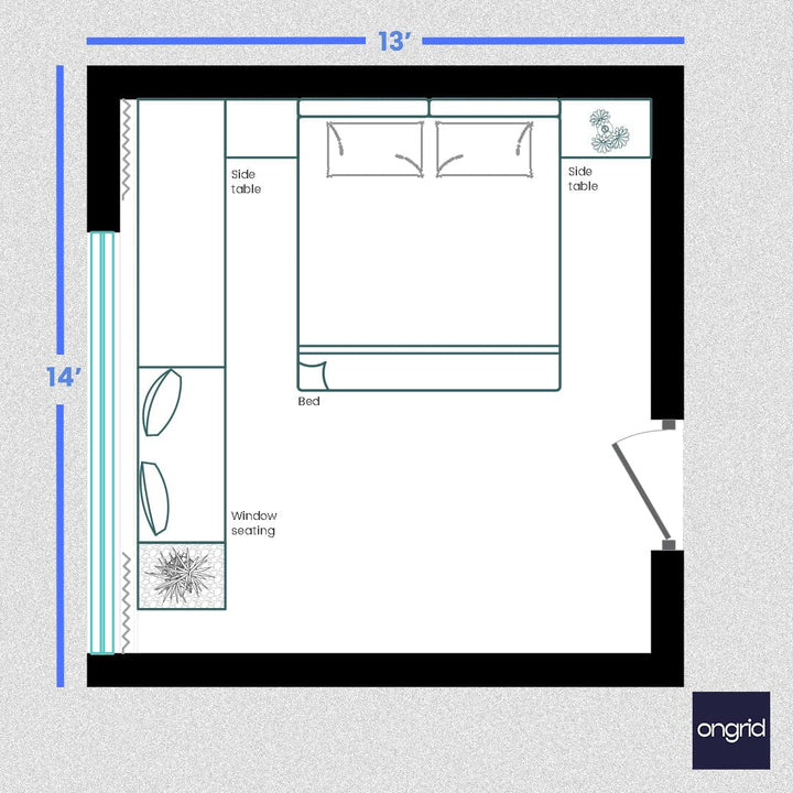 The Vibrant Oasis Bedroom Design | 14' x 13' ongrid.design