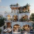 Elegant 3-Floor Indian Home Plan with Arched Doorways, Balconies & Lush Greenery