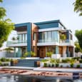 Blue Hue Duplex Elevation with Natural Wood Elements