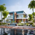 Blue Hue Duplex Elevation with Natural Wood Elements