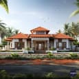 Indian Single-Floor Elevation: Red Tile Roofline and Stucco Facades