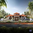 Indian Single-Floor Elevation: Red Tile Roofline and Stucco Facades