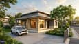 3D render of modern west-facing single floor bungalow with stone veranda columns, flat roof, and warm evening light