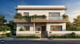 Photorealistic 3D exterior render of a 40x60 east facing G+1 home at early morning, showing contemporary elevation with stone-textured compound wall, arched entry gate, recessed sit-out with column detail, first-floor east balcony with perforated parapet, and compound garden with tulsi planter and flowering hedges
