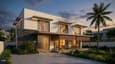 Contemporary flat-roof elevation of south-facing 40x60 single-floor bungalow showing 2-ft cantilever sunshades, textured cladding, louvred verandah screens, and recessed LED lighting