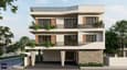 3D elevation render of 40x60 south facing 4-floor home with tiered balconies, stone cladding, and contemporary facade details