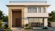 3D design highlight of a 60x60 east facing G+1 home showing large picture windows, stone-textured accent panels on the entrance bay, horizontal sunshade chajjas, and a well-lit double-height porch