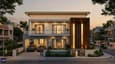 3D elevation render of a contemporary 60x60 north-facing G+1 with wide first-floor balcony, double-height entry, and stone cladding