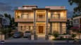 3D elevation render of 60x60 south facing G+1 showing double-height entry porch with square columns, full-width textured-parapet first floor balcony, large south living room glass panel, and layered stone-texture-mid-plaster facade with metal balcony railing