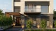 Close-up 3D render of a contemporary 60x60 west-facing G+1 facade showing horizontal louvres, rough-stone ground floor cladding, glass balcony railing, and a timber pergola entrance canopy
