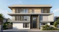 Contemporary east-facing G+2 elevation with horizontal banding between floors, cantilevered glass-railed balconies, brise-soleil fins, and double-height entrance portal