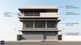 Annotated 3D elevation of a 60x60 south facing G+2 home showing overhang depth, glazing specifications, and cladding material zones