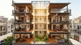 3D cutaway cross-section of the 60x60 south-facing G+3 home showing the central 10x10 ft atrium with glass skylight, south light penetrating all four floors, and warm interior ambience on each level