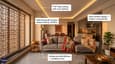 West-facing living room interior with afternoon light, jali screens, and modern Indian design