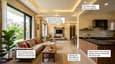 Annotated interior showing design features like overhangs, jali screens, and ventilation windows