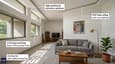 Interior view of south-facing living room with 1.5m overhang protection, natural light, modern Indian decor