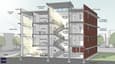 3D elevation view showing the south-facing facade with deep overhangs, staircase positioning, and passive solar zones marked