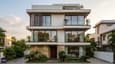 Design highlight showing east-facing elevation of 30x40 G+3 home with staggered balconies, large glass windows and two-tone facade