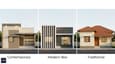 Comparison of three south-facing single-floor elevation styles: contemporary flat-roof with canopy, box modern with vertical fins, and traditional Mangalore tile roof