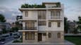 3D elevation highlight of 30x40 north facing four-floor contemporary Indian home showing staggered balcony projections on odd floors, stone base cladding and dark aluminium flush window frames