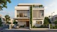 3D render of a 30x40 south facing G+2 house elevation with flat roof, cantilevered entry canopy, jali screen at second floor and vertical garden strip