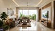 Interior render of a bright 16x14ft north-facing living room with large windows, diffused light, contemporary Indian furnishing, and polished vitrified floor tiles