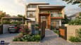 Render of a north facing 40x50 G+2 home entry court with stone paving, garden strip, water feature, and double-height porch