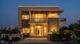 Premium double-height south elevation of a 40x50 G+1 home with balcony and cladding details