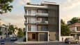 3D elevation rendering of a 40x50 north-facing G+3 house with contemporary Indian architecture, vertical fins, recessed entry, staggered balconies and terrace parapet