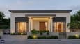 3D design highlight of a contemporary north-facing 40x60 bungalow with natural stone feature wall, 10 ft wide overhang porch, and floor-to-ceiling glazing on the main façade