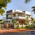 Modern White Duplex Elevation Design with Wooden Accents