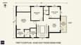 First floor plan showing master bedroom in south-west, family lounge with east-facing balcony, second bedroom, and study room