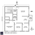 First floor plan of 40x60 east facing G+3 house showing 2BHK rental layout with east-facing balcony, master bedroom, second bedroom, and open kitchen-dining